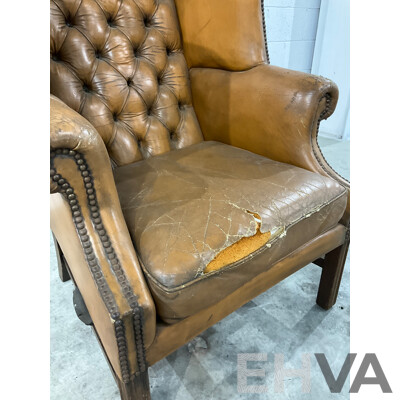 Vintage Caramel Leather Studded Wingback Armchair
