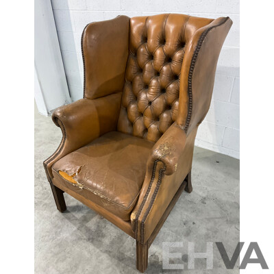 Vintage Caramel Leather Studded Wingback Armchair