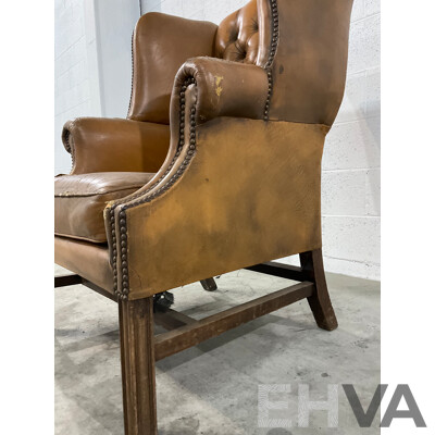 Vintage Caramel Leather Studded Wingback Armchair
