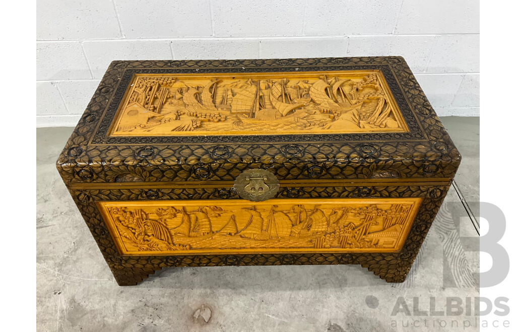 Heavily Carved Two Tone Camphor Chest with Sailing Junks