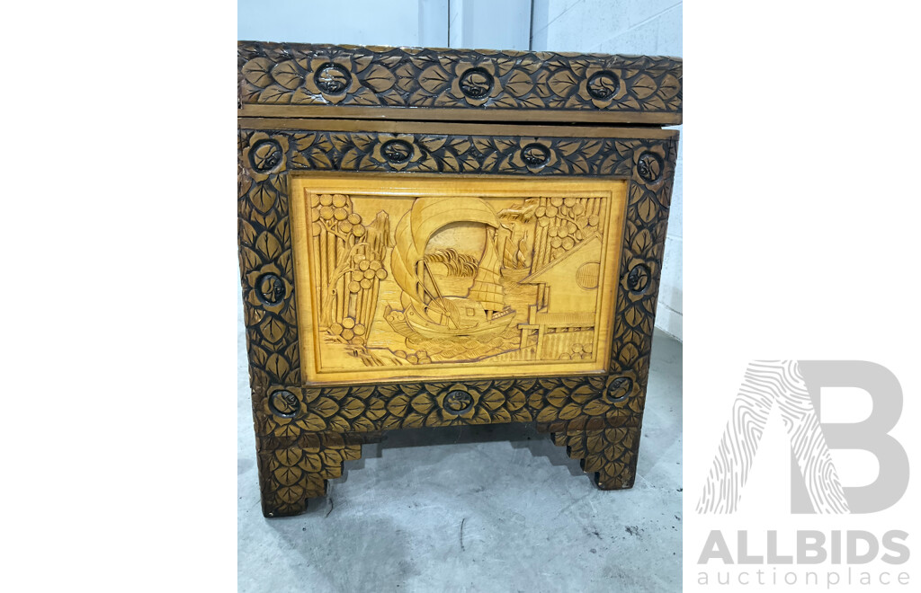 Heavily Carved Two Tone Camphor Chest with Sailing Junks
