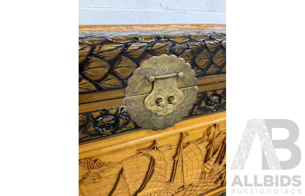 Heavily Carved Two Tone Camphor Chest with Sailing Junks
