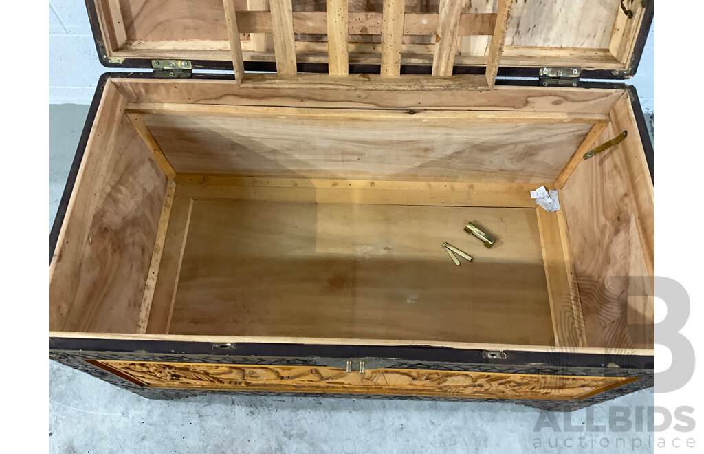 Heavily Carved Two Tone Camphor Chest with Sailing Junks