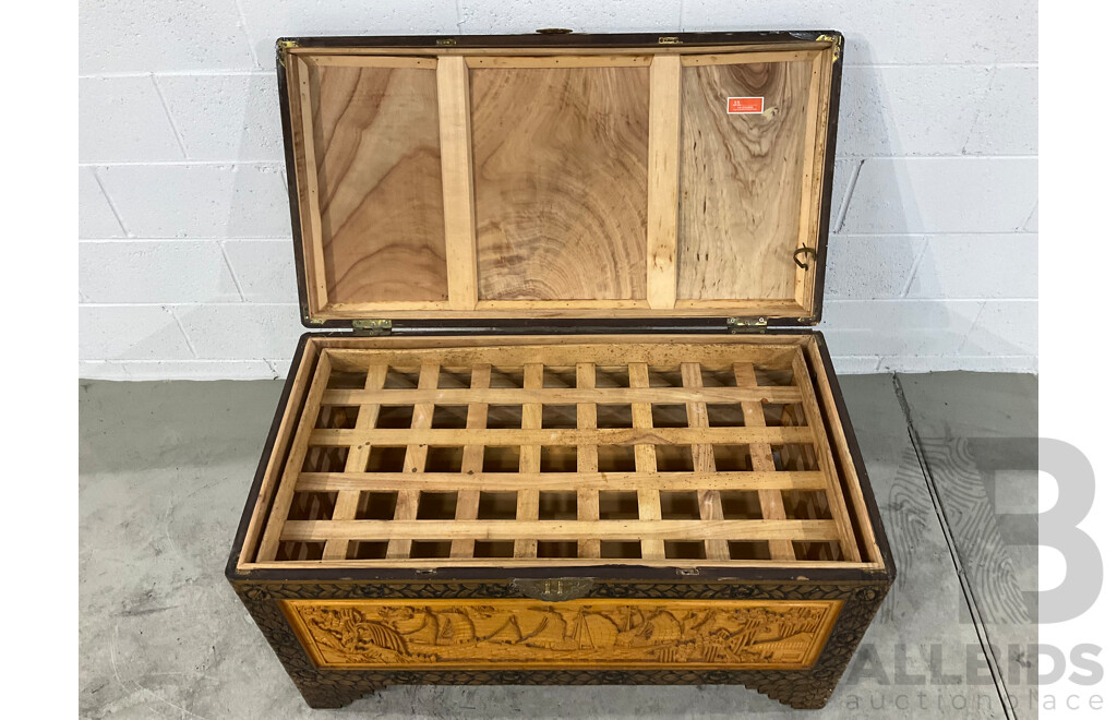 Heavily Carved Two Tone Camphor Chest with Sailing Junks