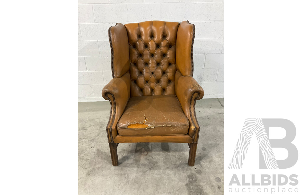 Vintage Caramel Leather Studded Wingback Armchair