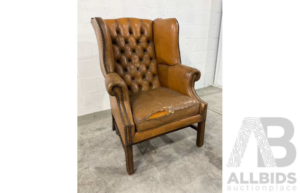 Vintage Caramel Leather Studded Wingback Armchair
