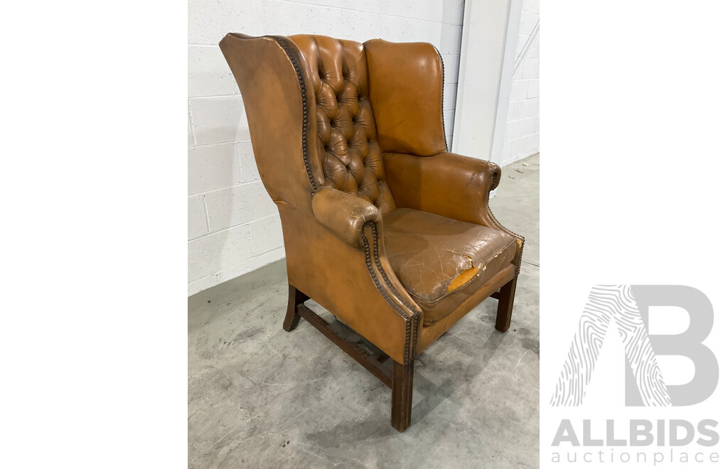 Vintage Caramel Leather Studded Wingback Armchair