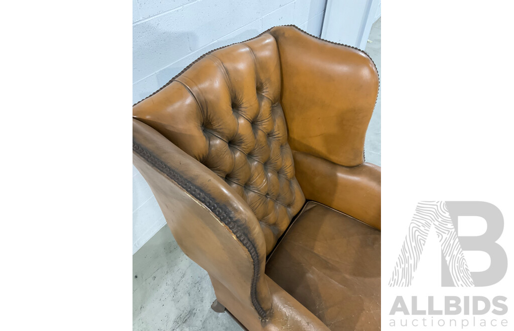 Vintage Caramel Leather Studded Wingback Armchair