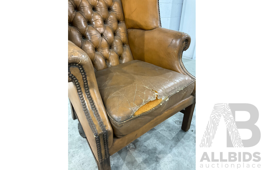 Vintage Caramel Leather Studded Wingback Armchair