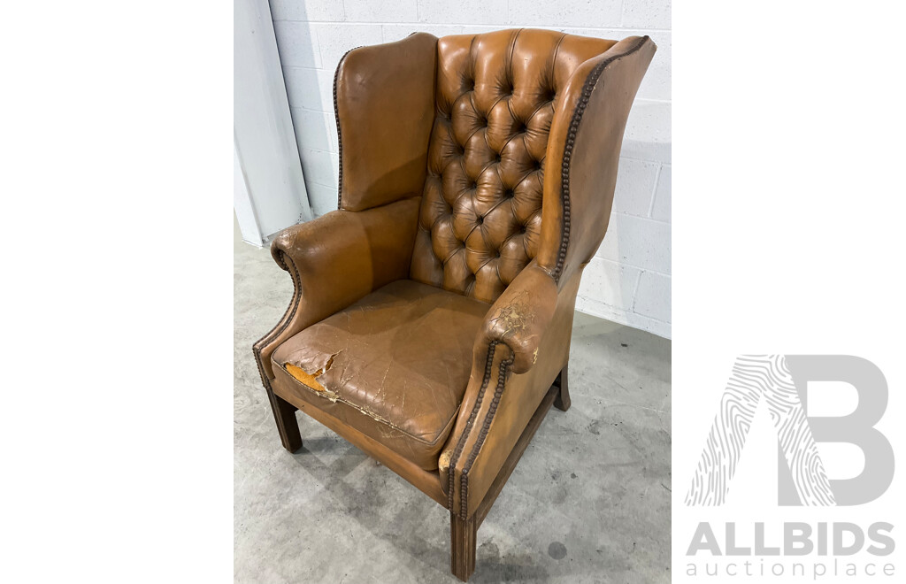 Vintage Caramel Leather Studded Wingback Armchair