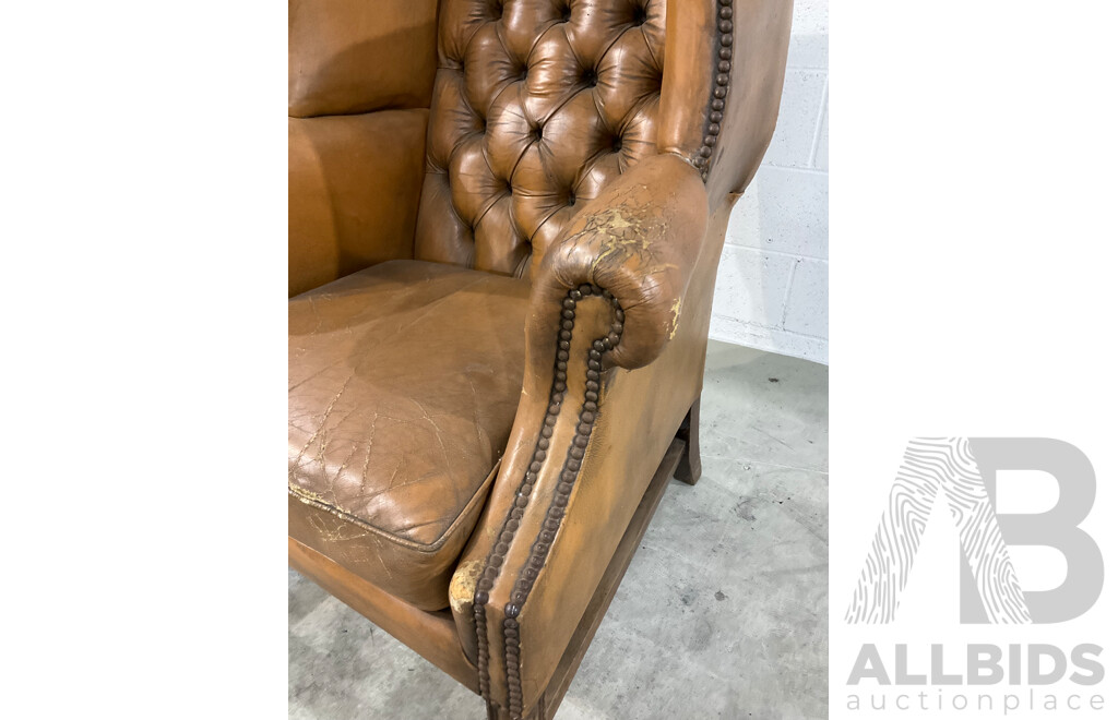 Vintage Caramel Leather Studded Wingback Armchair