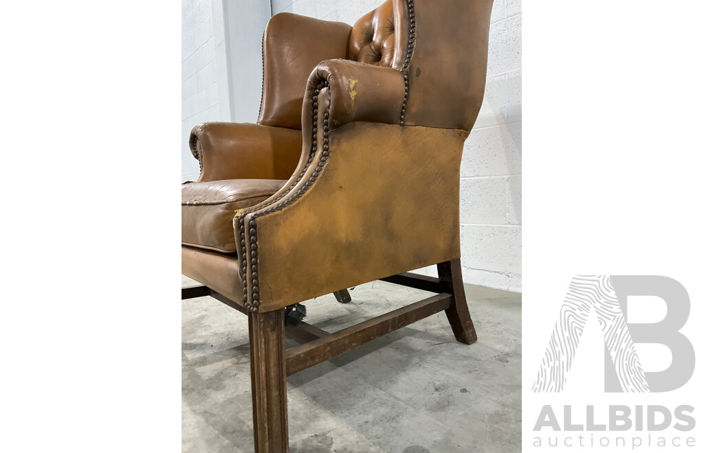 Vintage Caramel Leather Studded Wingback Armchair