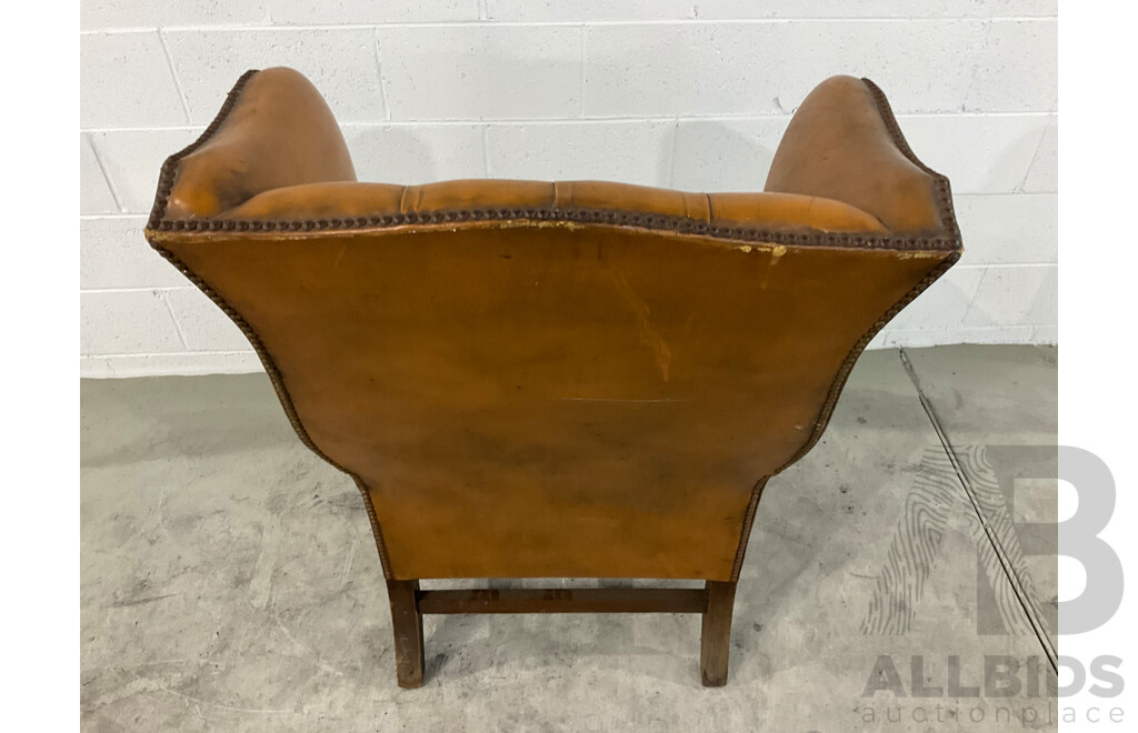 Vintage Caramel Leather Studded Wingback Armchair