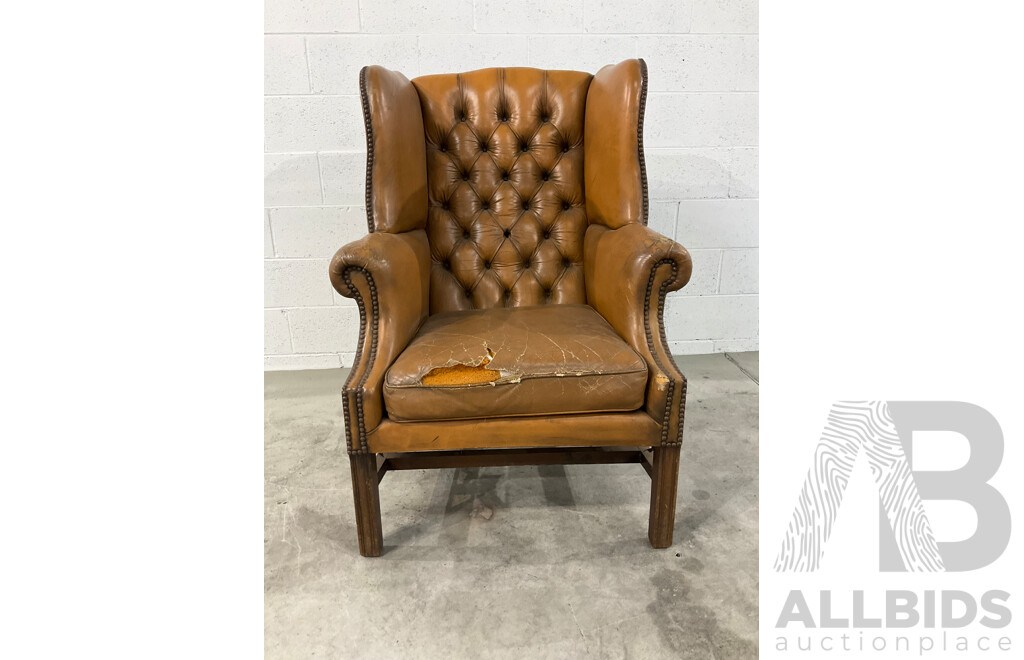 Vintage Caramel Leather Studded Wingback Armchair