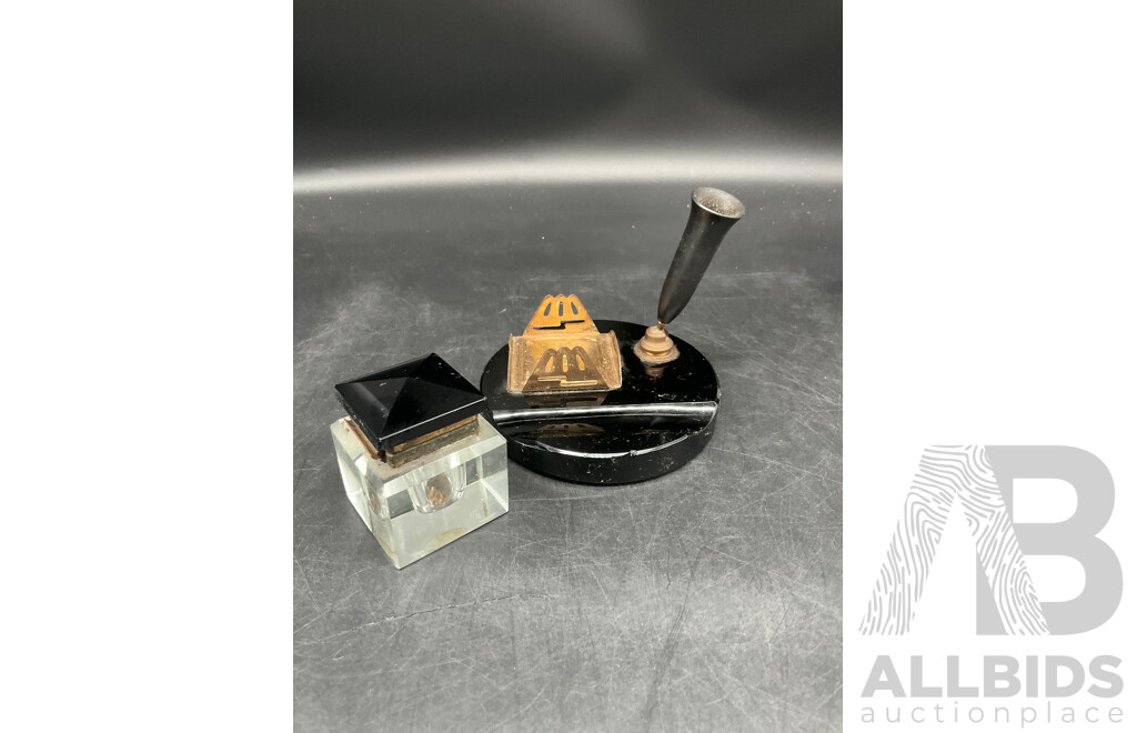 Antique Brass and Glass Inkwell and Pen Rest, Swarovski Happy Glower Crystal Figurine and Mobile Figurine - Lot of 5