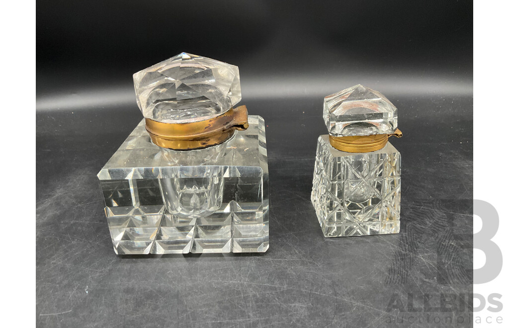 Antique Brass and Glass Inkwell and Pen Rest, Swarovski Happy Glower Crystal Figurine and Mobile Figurine - Lot of 5