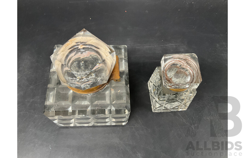 Antique Brass and Glass Inkwell and Pen Rest, Swarovski Happy Glower Crystal Figurine and Mobile Figurine - Lot of 5
