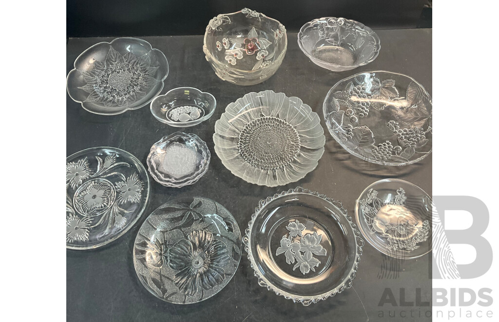 Collection of Vintage Etched Glass Plates, Bowls and Chargers