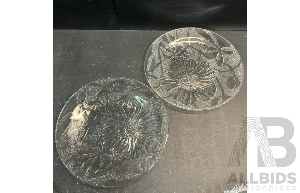 Collection of Vintage Etched Glass Plates, Bowls and Chargers