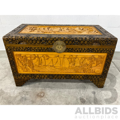 Heavily Carved Two Tone Camphor Chest with Sailing Junks