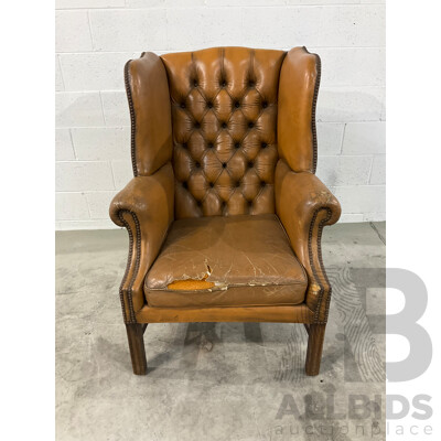 Vintage Caramel Leather Studded Wingback Armchair