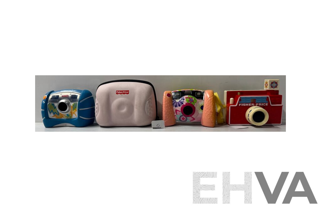 Collection of Vintage Novelty Fisher Price Cameras Comprising Two Kid Safe Examples, One in Case Along with Changeable Picture Disc Example