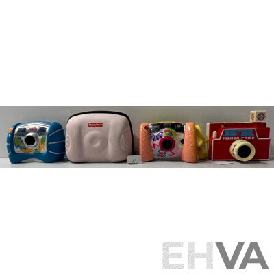 Collection of Vintage Novelty Fisher Price Cameras Comprising Two Kid Safe Examples, One in Case Along with Changeable Picture Disc Example