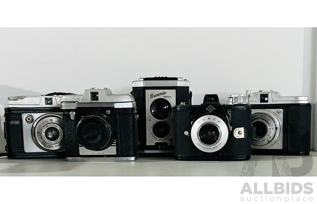 Collection of Five Vintage Cameras Including Agfa Isola Singlo-2, Dacora Digna 1 and More