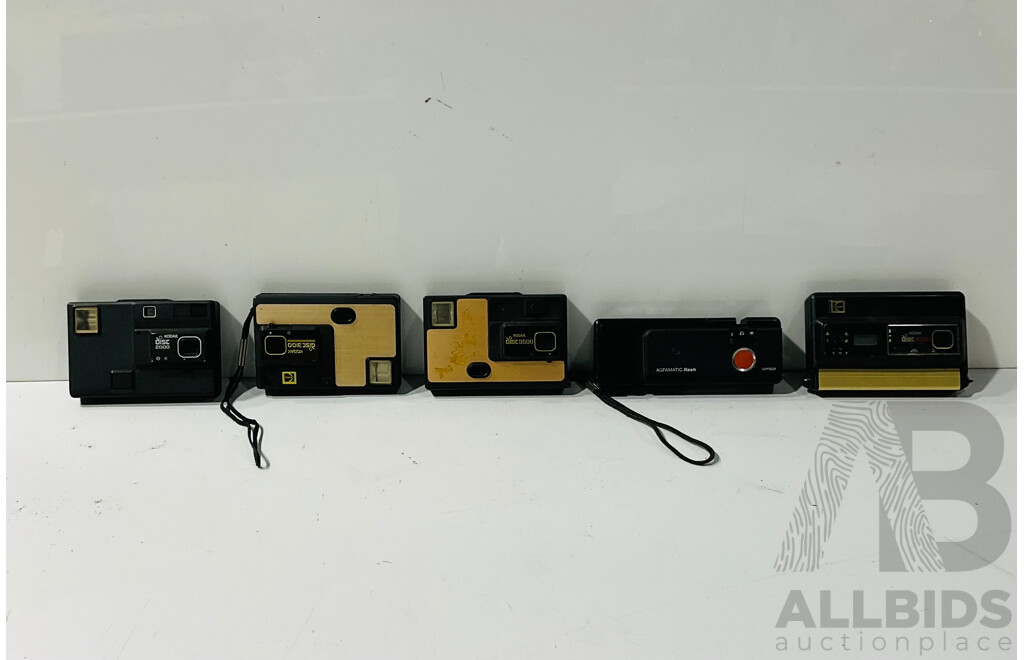 Collection of Five Vintage Cameras Including Kodak Disc 3500, Kodak Disc 8000 and More