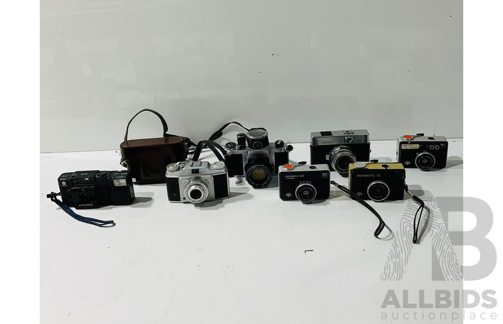 Collection of Vintage Cameras Including Agfamatic 50, Asahi Pentax, Agfamatic Prontor-svs and More