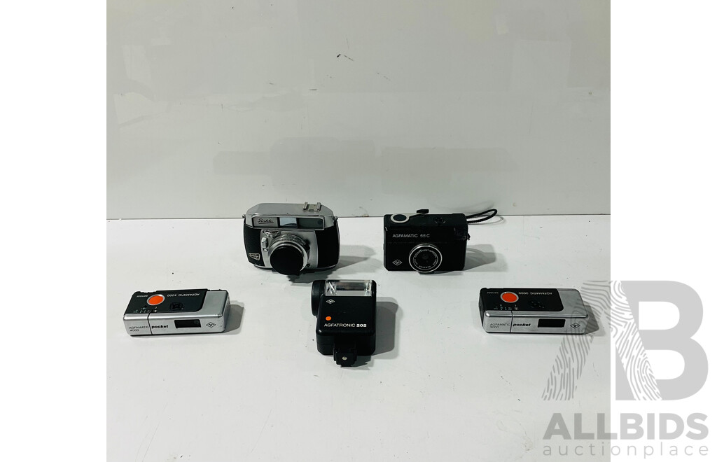 Collection of Vintage Cameras Including Agfamatic 55 C, Agfamatic Pocket 3000 and More