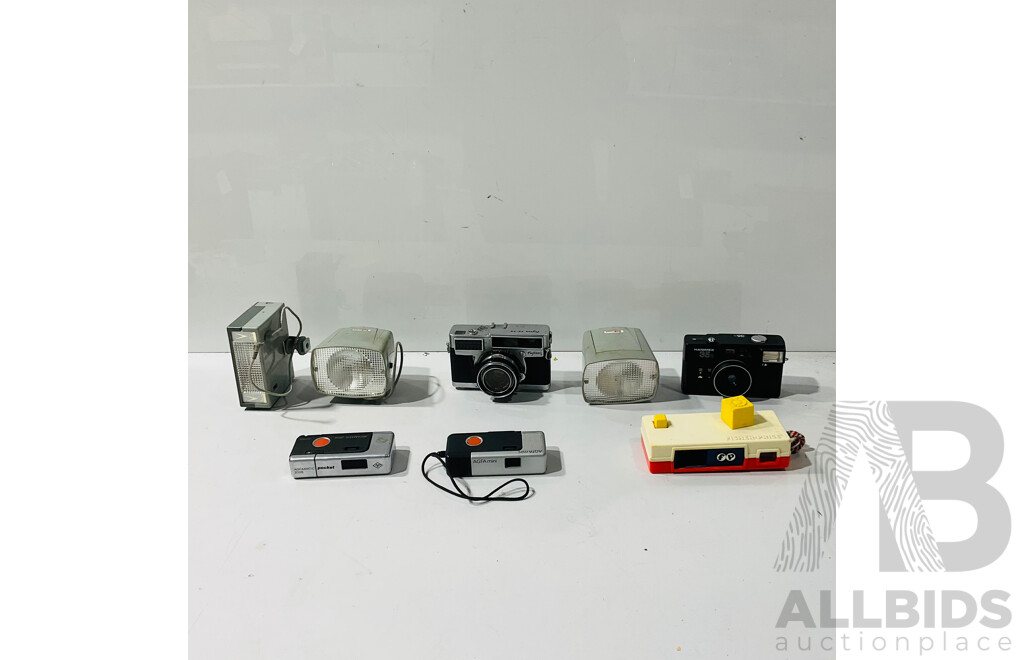 Collection of Vintage Cameras and Camera Gear Including Vujica 35-SE, Agfamatic 2008 Pocket, Kakonet Camera Flash and More