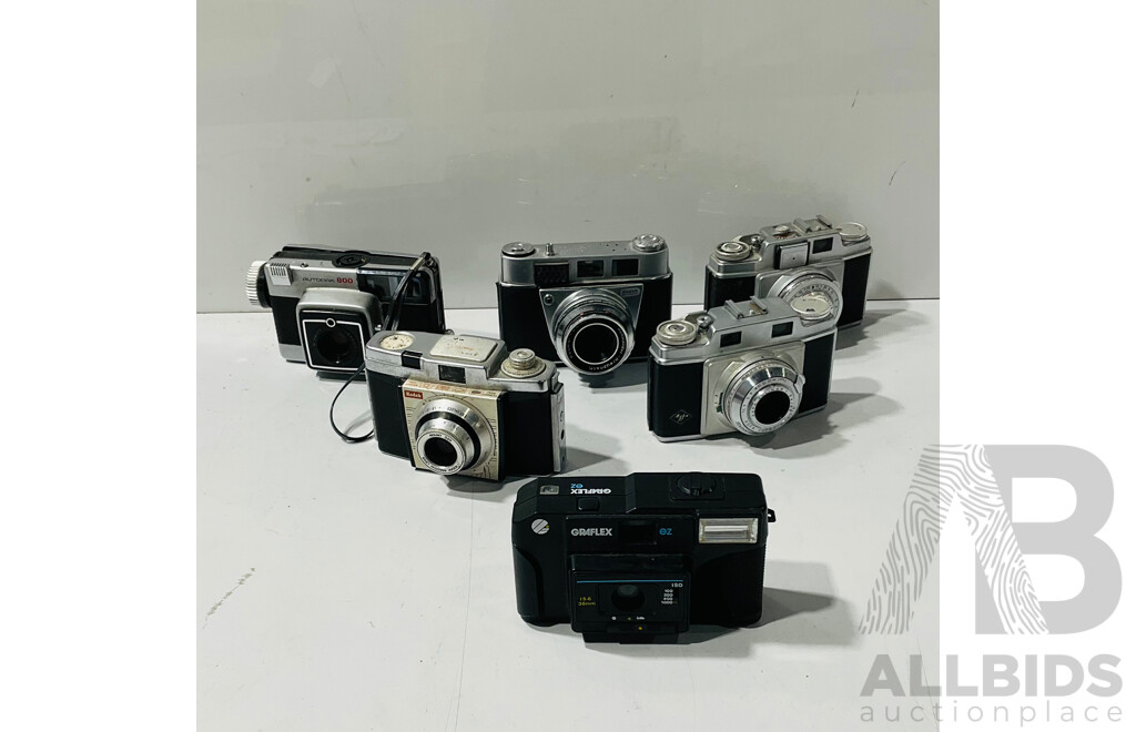 Collection of Six Vintage Cameras Including Minolta Autopak 800, Kodak Promtomat and More