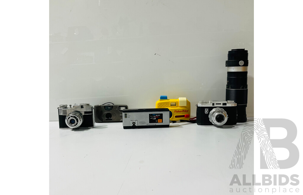 Collection of Vintage Cameras Including Comet II CMF Bencini Milano, Regula King KG, Toy Plastic Fisher-price Camera and More