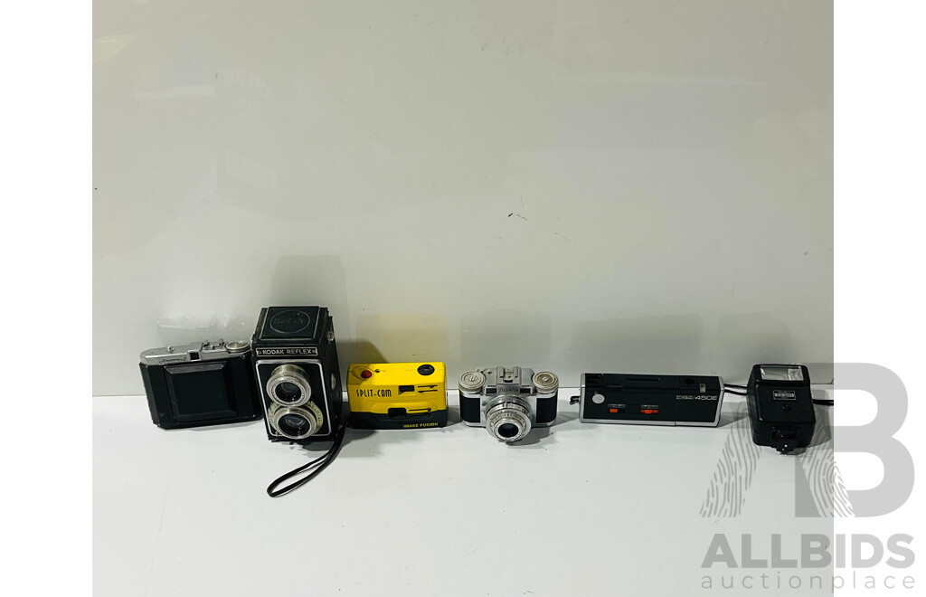 Collection of Vintage Cameras and Camera Gear Including Kodak Reflex, Minolta Autopak 450E and More