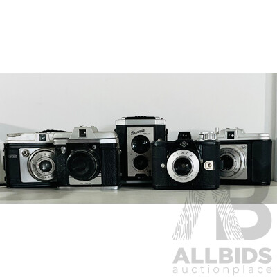 Collection of Five Vintage Cameras Including Agfa Isola Singlo-2, Dacora Digna 1 and More