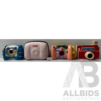 Collection of Vintage Novelty Fisher Price Cameras Comprising Two Kid Safe Examples, One in Case Along with Changeable Picture Disc Example