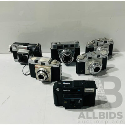 Collection of Six Vintage Cameras Including Minolta Autopak 800, Kodak Promtomat and More