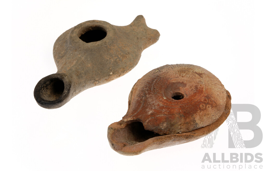 Ancient Syrian or Jordanian Terracotta Oil Lamp with Sunburst Design Along with Another Ancient Terracotta Oil Lamp with Incised Design to Top, Circa 1st Century