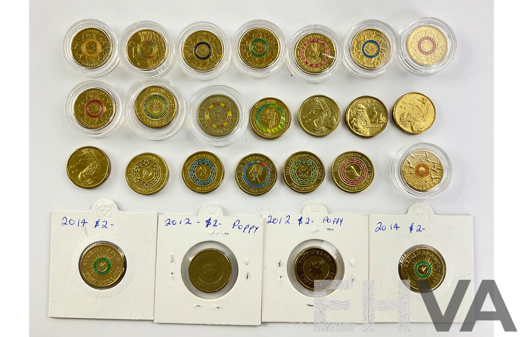 Australian Two Dollar Coins Commemorative and Standard Isuue Including 1999, 2012, 2014, 2015, 2016 2017, 2018, 2019, 2020, 2021