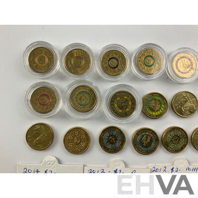 Australian Two Dollar Coins Commemorative and Standard Isuue Including 1999, 2012, 2014, 2015, 2016 2017, 2018, 2019, 2020, 2021
