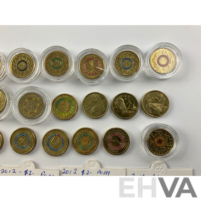 Australian Two Dollar Coins Commemorative and Standard Isuue Including 1999, 2012, 2014, 2015, 2016 2017, 2018, 2019, 2020, 2021