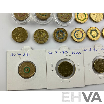 Australian Two Dollar Coins Commemorative and Standard Isuue Including 1999, 2012, 2014, 2015, 2016 2017, 2018, 2019, 2020, 2021