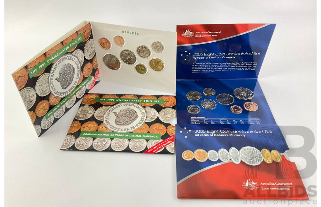 Australian 1991 UNC Eight Coin Set, Twenty Five Years of Decimal Currency and 2006 UNC Eight Coin Set, Forty Years of Decimal Currency