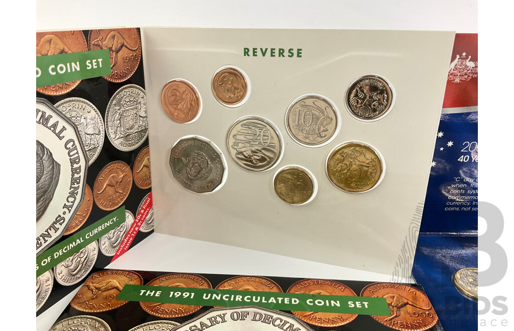 Australian 1991 UNC Eight Coin Set, Twenty Five Years of Decimal Currency and 2006 UNC Eight Coin Set, Forty Years of Decimal Currency