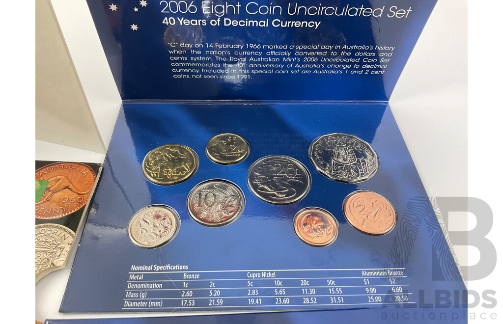 Australian 1991 UNC Eight Coin Set, Twenty Five Years of Decimal Currency and 2006 UNC Eight Coin Set, Forty Years of Decimal Currency