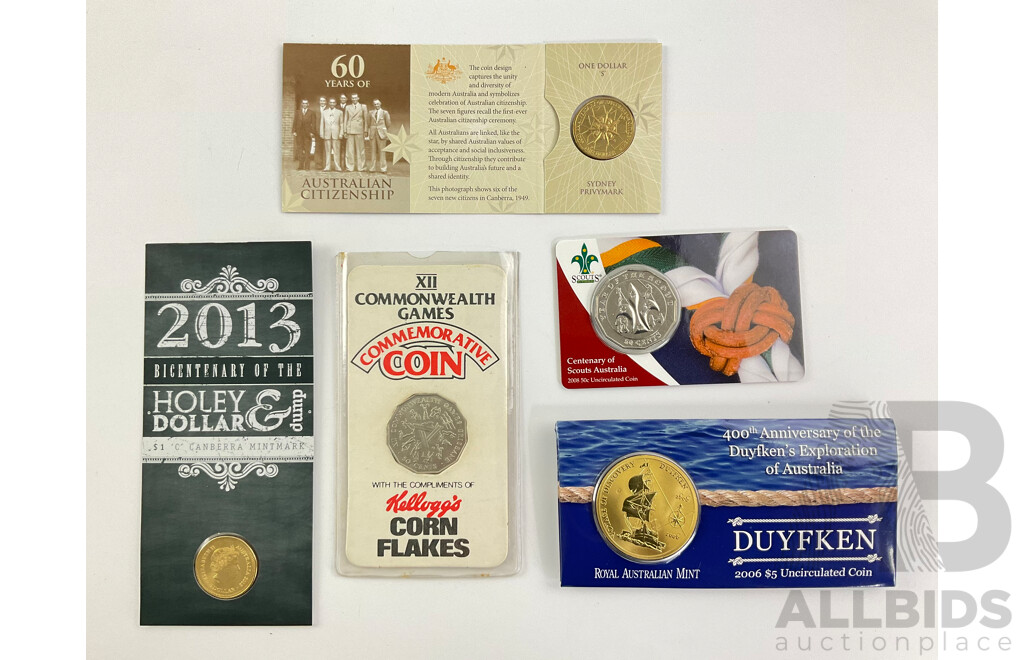 Australian RAM Commemorative Coins Including 2013 One Dollar, Holey Dollar and the Dump, 2006 Five Dollar, Duyfken, 2008 Fifty Cent, Centenary of Scouts, 1982 Fifty Cent, Commonwealth Games, 2009 One Dollar, Australian Citizenship