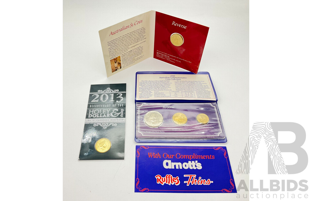 Australian RAM 1984 UNC One Dollar First Year Issue, 1988 Arnott's Three Coin Set, 2013 One Dollar, Holey Dollar and Dump 'C' Mint Mark