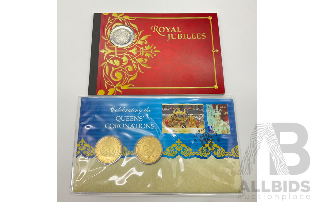 Australian RAM 2013 Royal Jubilees Commemorative Fifty Cent Coin and Stamp Book with 2013 Queens Coronation Two Coin PNC