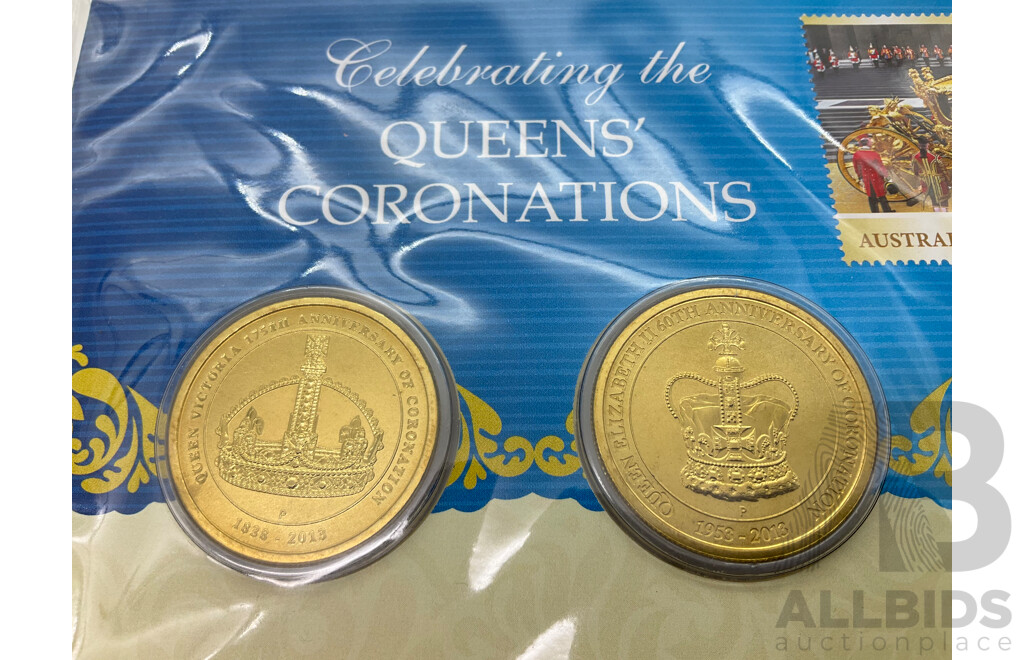 Australian RAM 2013 Royal Jubilees Commemorative Fifty Cent Coin and Stamp Book with 2013 Queens Coronation Two Coin PNC